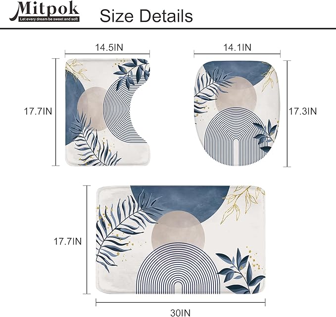 4 PCS Navy Blue Gray Boho 72Wx72H Shower Curtain Set Modern Mid Century Plant - Image 5