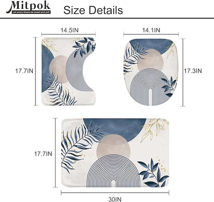 4 PCS Navy Blue Gray Boho 72Wx72H Shower Curtain Set Modern Mid Century Plant - Image 5