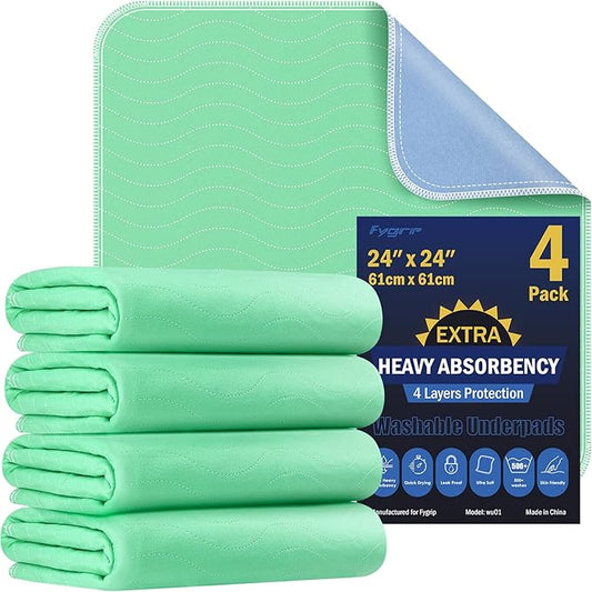 4 Pack 24” x 24” Extra Heavy Absorbency Washable Underpads, Waterproof Nursing by Fygrip