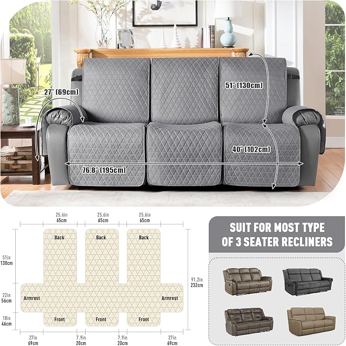 TAOCOCO 100% Waterproof Recliner Cover, Non-Slip Washable Reclining Couch Cover - Image 3