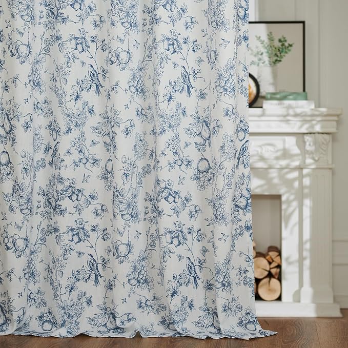 jinchan Linen Floral Curtains for Living Room 63 Inch Length Blue Printed - Image 6