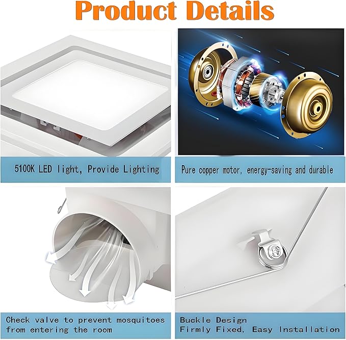 Bathroom Exhaust Fan with LED Light 8 inch Ceiling Mount Ventilation Fan 100 CFM - Image 3