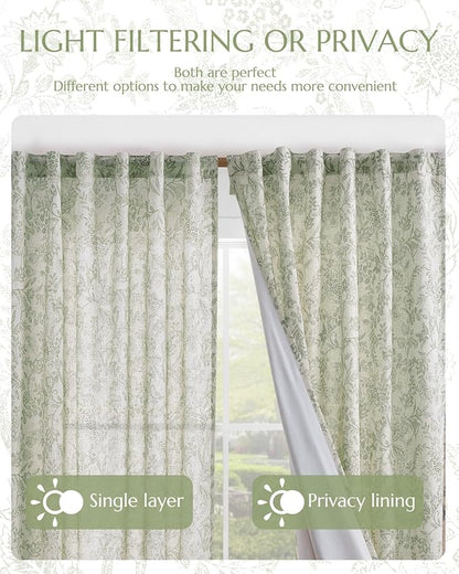 Vangao Lined Linen Curtains for Bedroom Floral Curtains 84 Inches Long Green - Image 7