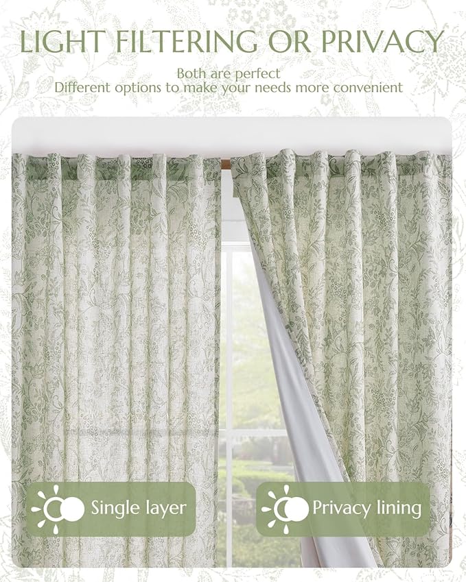 Vangao Lined Linen Curtains for Bedroom Floral Curtains 96 Inches Long Green - Image 7