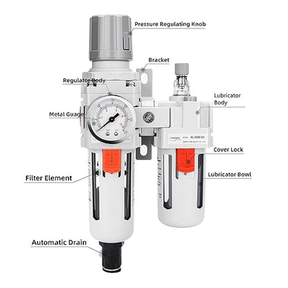 NANPU 3/8" NPT Auto-Drain Air Filter Regulator Lubricator Combo Water/Oil Trap - Image 2