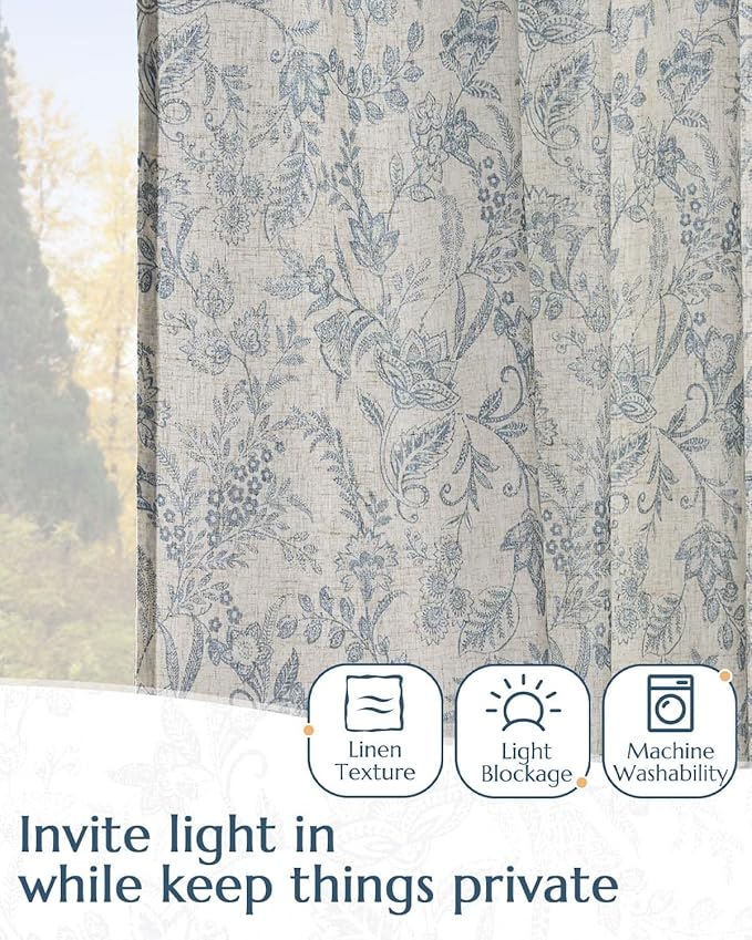 Vangao Lined Linen Curtains for Bedroom Floral Curtains 96 Inches Long Blue - Image 4