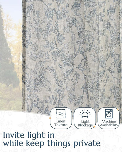 Vangao Lined Linen Curtains for Bedroom Floral Curtains 63 Inches Long Blue - Image 4