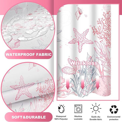 No Hook Shower Curtain with Snap in Liner, Beach Ocean Nautical Coastal Shower - Image 3
