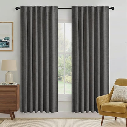 RYB HOME Grey 100% Blackout Linen Curtains 72 inch Long, Thermal Insulated & by RYBHOME