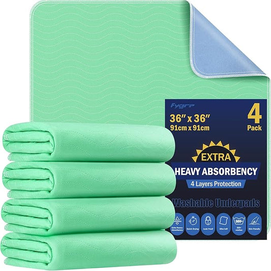 4 Pack 36” x 36” Extra Heavy Absorbency Washable Underpads, Waterproof Quick by Fygrip