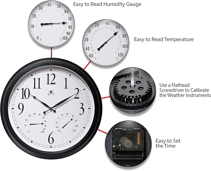 Infinity Instruments 24 inch Classic Black Wall Clock Thermometer Humidity - Image 6