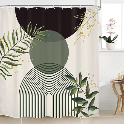 Dark Green Boho Shower Curtain 72Wx72H Black Bohemian Modern Abstract Plant by MitpokBrand
