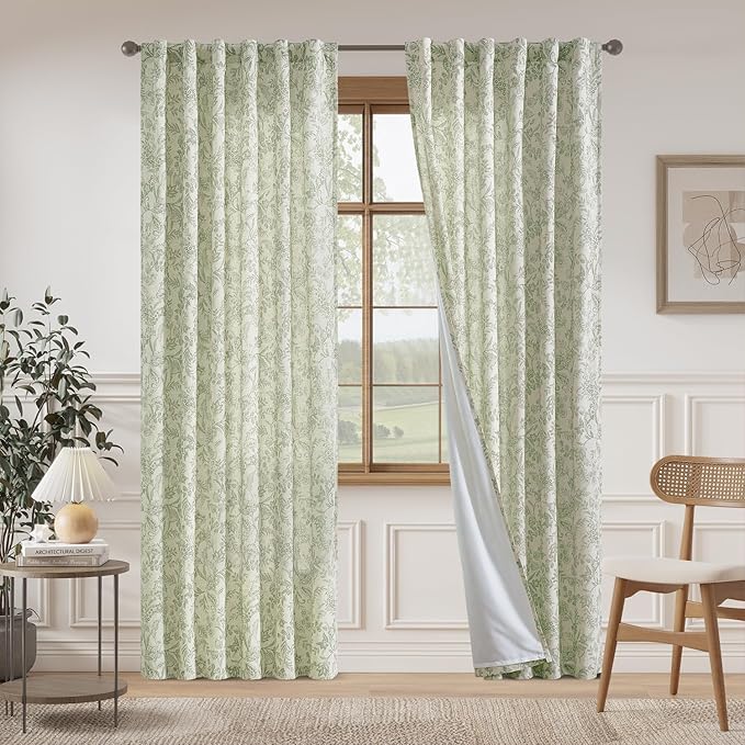 Vangao Lined Linen Curtains for Bedroom Floral Curtains 84 Inches Long Green - Image 2