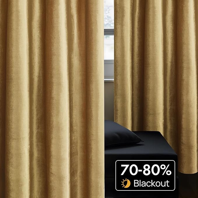 BULBUL Velvet Gold Curtains 90 inch Length- Living Room Blackout Thermal Window - Image 4