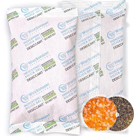 200 Gram Desiccant Packs, Indicating Silica Gel, Rechargeable Silica Packets by Wisesorb