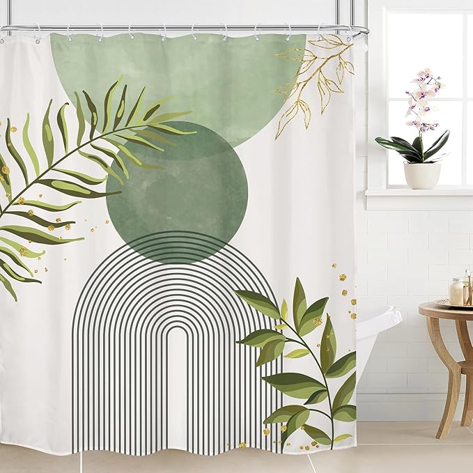 Sage Green Boho Shower Curtain 60Wx72H Modern Bohemian Abstract Leaves Olive by MitpokBrand