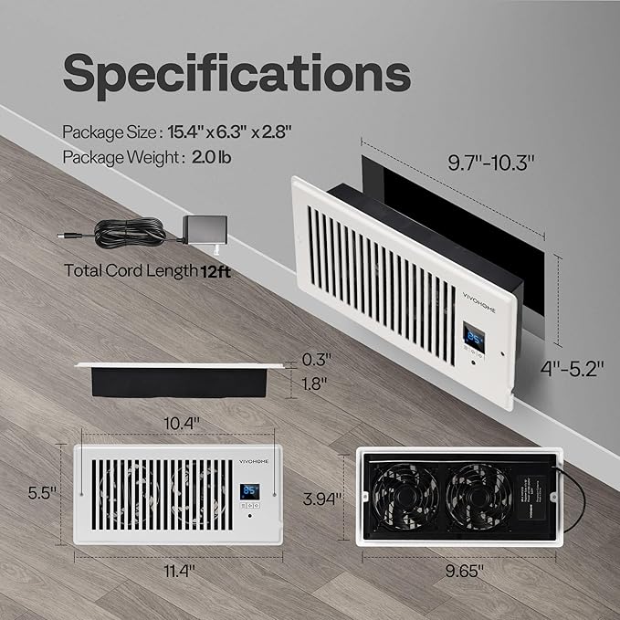 VIVOHOME 4"x10" Opening Smart Vent Register Booster Fan - Image 7