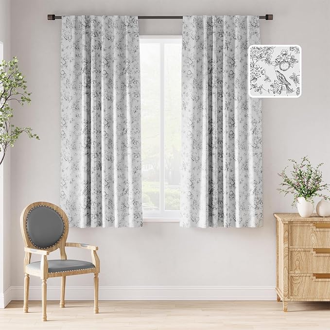 jinchan 95% Blackout Floral Curtains 63 Inches Long, Printed Flower Black by JINCHAN