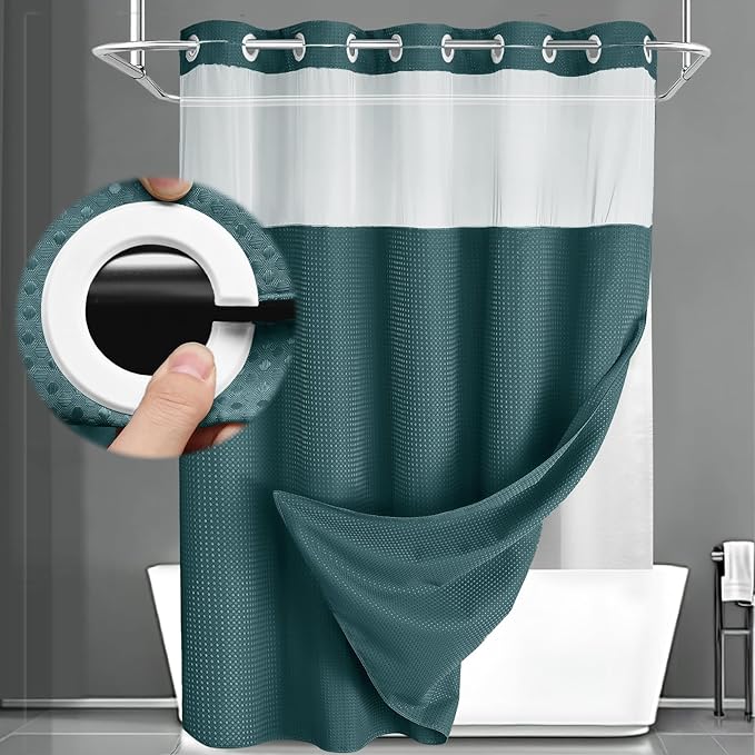 No Hook Shower Curtain and Liner Set, Seaweed Green Hotel Waffle Shower Curtain by Unknown