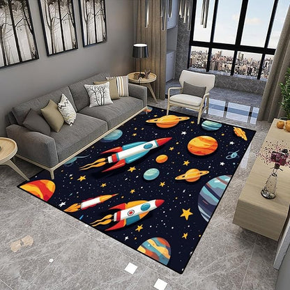 Shag Carpet, Rocket and Planet Pattern Printing Anti-Slip Backing Area Rugs - Image 4