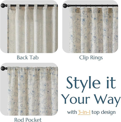 jinchan Floral Linen Curtains for Living Room 96 Inch Length Blue Flower - Image 5
