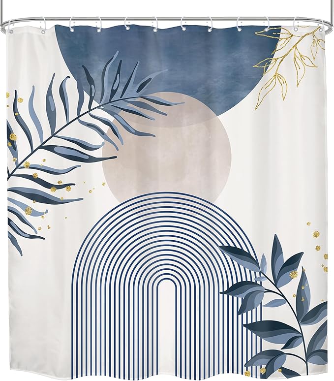 Navy Blue Boho Shower Curtain 72Wx78H Grey Modern Bohemian Abstract Leaves - Image 7