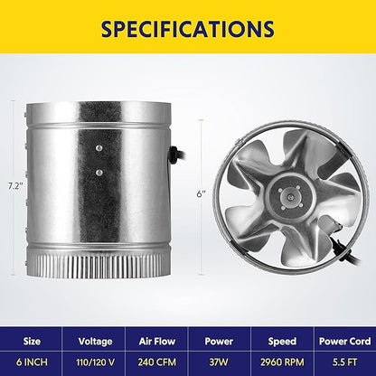 iPower 6 Inch 240 CFM Low Noise Inline Ducting Booster Fan - Image 5