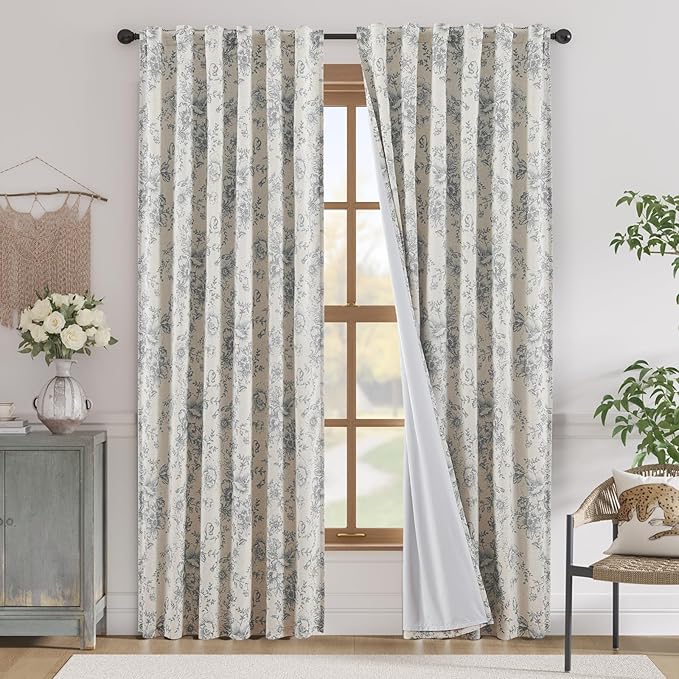 jinchan Blackout Linen Blend Curtain Gray Floral Blackout Curtains by JINCHAN