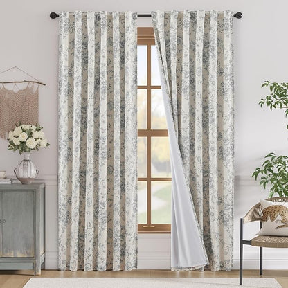 jinchan Blackout Linen Blend Curtain Gray Floral Blackout Curtains by JINCHAN