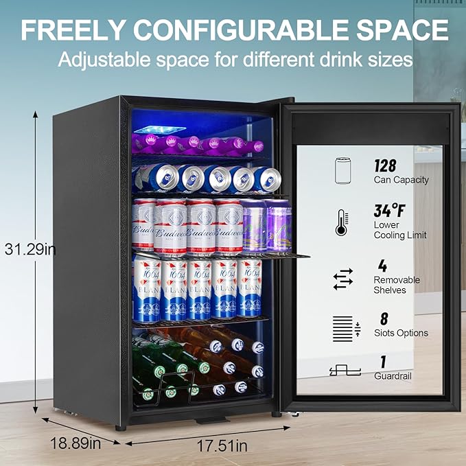 128 Cans Beverage Refrigerator Cooler, 3.2 Cu.Ft Mini Drink Fridge Glass Door - Image 2