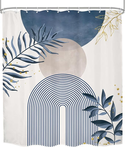 Blue Gray Boho Shower Curtain Dusty Blue Gold Leaves Modern Bohemian Abstract - Image 8