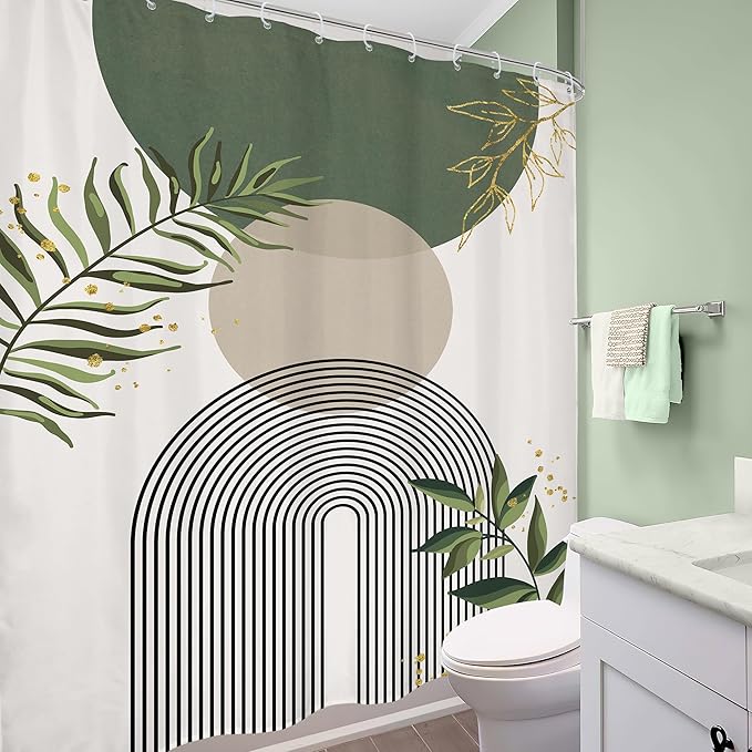 Green Boho Shower Curtain 72Wx96H Extra Long Mid Century Modern Abstract Green - Image 4