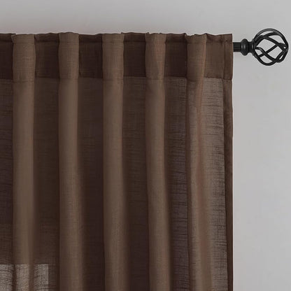 Cocoa Brown Linen Back Tab Curtains 64 Inches Long 2 Panels Set - Image 6