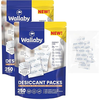 Wallaby 2 gram Food Safe Pure White Silica Gel Desiccant Dehumidifier Packs by WallabyGoods