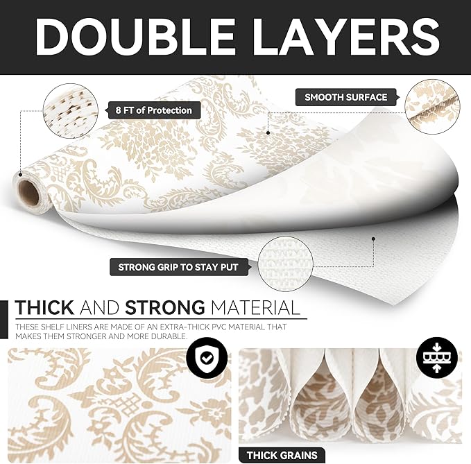 RAY STAR Shelf Liner, Non Adhesive Golden Damask Floral Cabinet Liner - Image 7