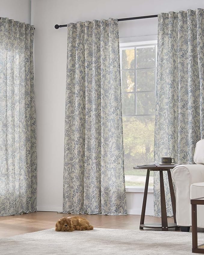 Vangao Lined Linen Curtains for Bedroom Floral Curtains 96 Inches Long Blue - Image 5