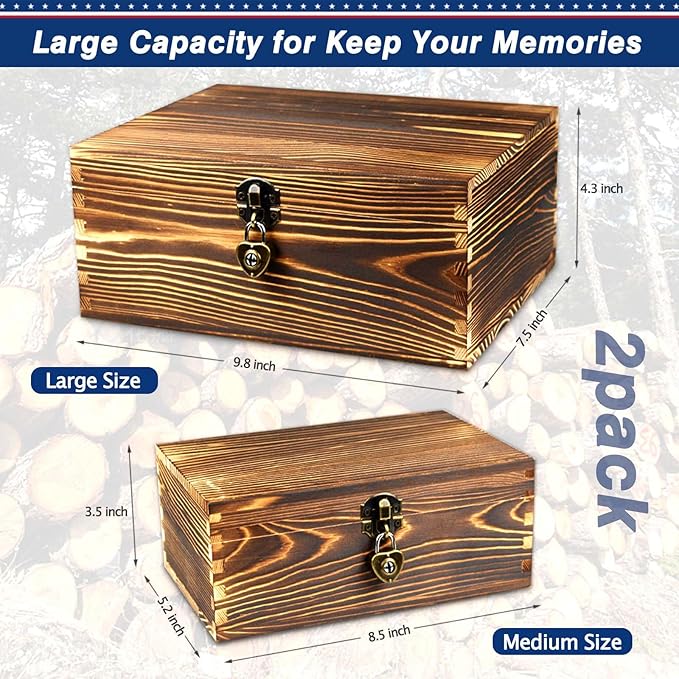 Wooden Box with Lock and Keys Hinged Lid Treasure Chest Memory Hobby - Image 5