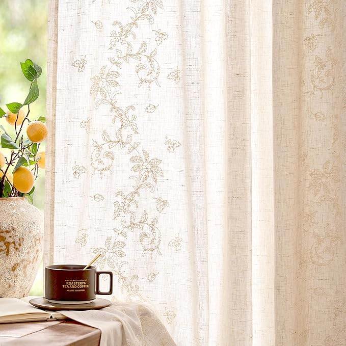 jinchan Evelyn Embroidered Linen Curtains 63 inch Floral Curtains by JINCHAN