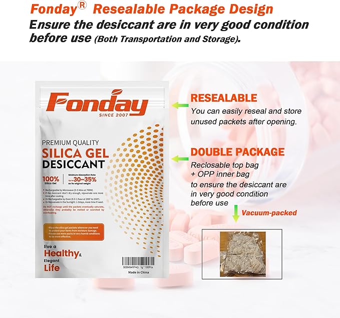 20g x 100 Packs Fonday Rechargeable Silica Gel Desiccant Packets Food Grade - Image 7