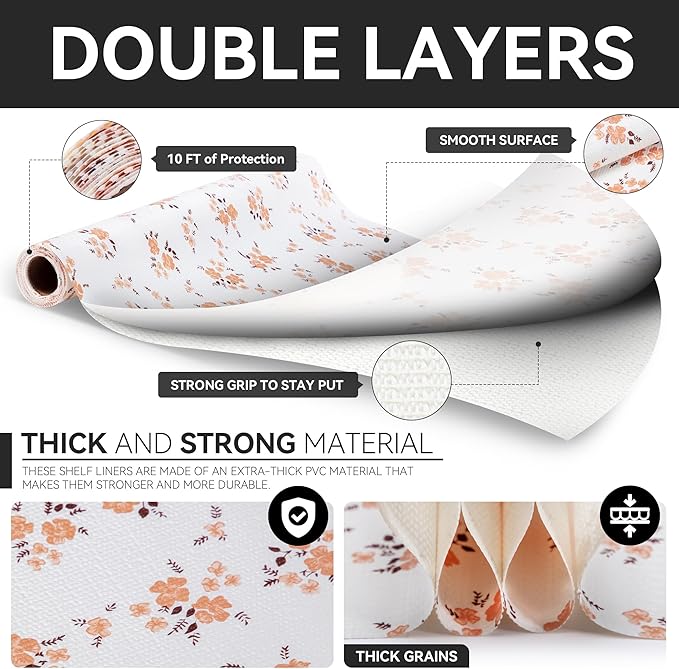 RAY STAR Shelf Liner, Non Adhesive Pink Orange Floral Printed Kitchen Cabinet - Image 7