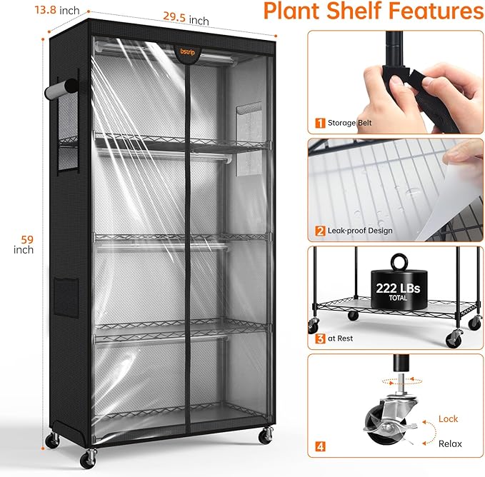 Bstrip Indoor Greenhouse with Grow Light, Plant Stand with 4 Pack 24W Full - Image 2