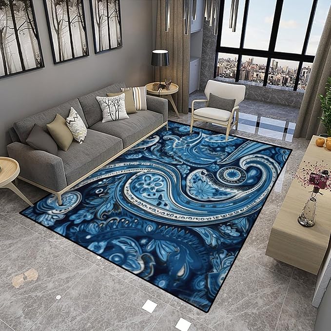 Blue Paisley Design Printing Washable Runner Rug - Image 4