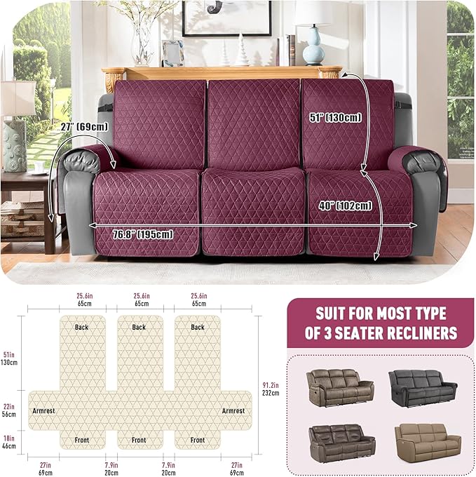 TAOCOCO 100% Waterproof Recliner Cover, Non-Slip Washable Reclining Couch Cover - Image 3