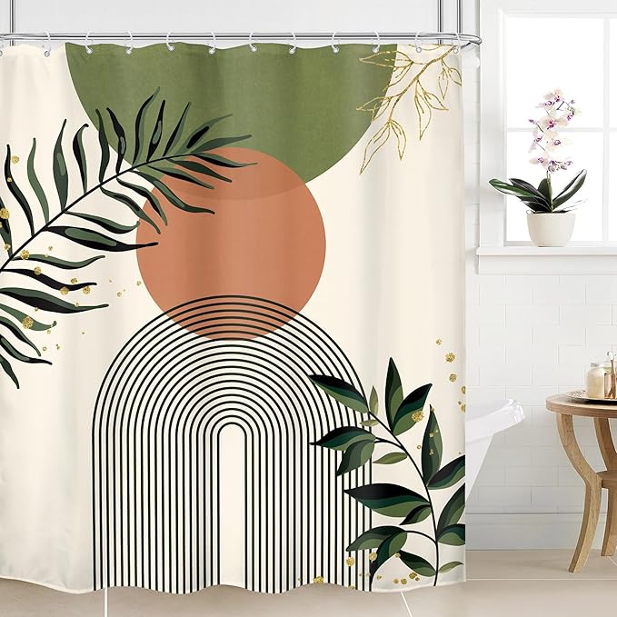 Green Boho Shower Curtain 60Wx72H Abstract Bohemian Modern Leaves Mid Century by MitpokBrand