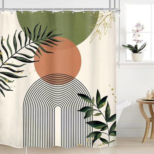 Green Boho Shower Curtain 60Wx72H Abstract Bohemian Modern Leaves Mid Century by MitpokBrand