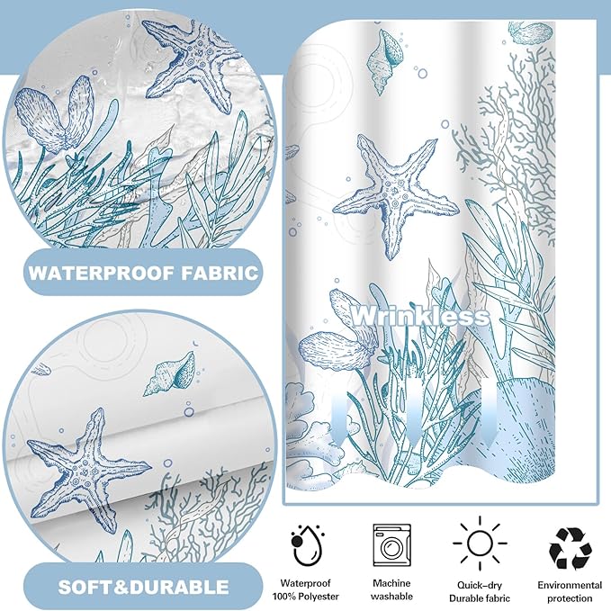 No Hook Shower Curtain with Snap in Liner, Beach Ocean Nautical Coastal Shower - Image 3