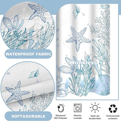 No Hook Shower Curtain with Snap in Liner, Beach Ocean Nautical Coastal Shower - Image 3