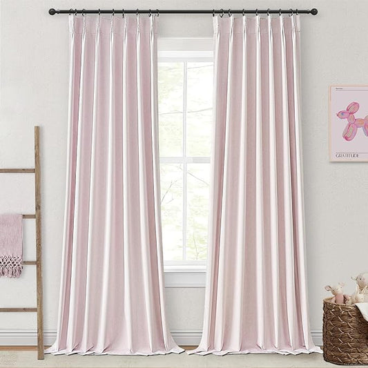Baby Pink Linen Nursery Curtains 2 Panels Pinch Pleated 102 Inches Long by QJMYDECO