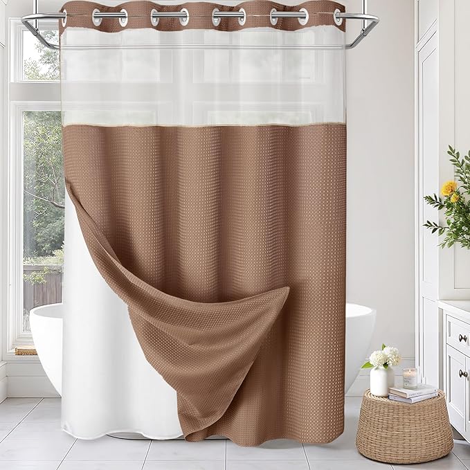 No Hook Shower Curtain and Liner Set, Mocha Brown Hotel Waffle Shower Curtain by Unknown
