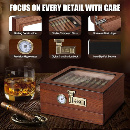 Cigar Humidor, Cedar Wood Humidor Cigar Box, Glass Top Desktop Humidor - Image 6